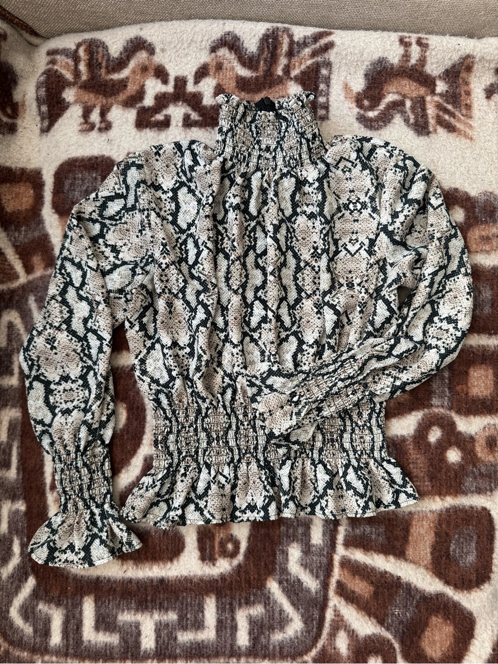 Smocked High Neck (or Vneck) Snakeskin Print Blouse - Black & Cream Y2K
